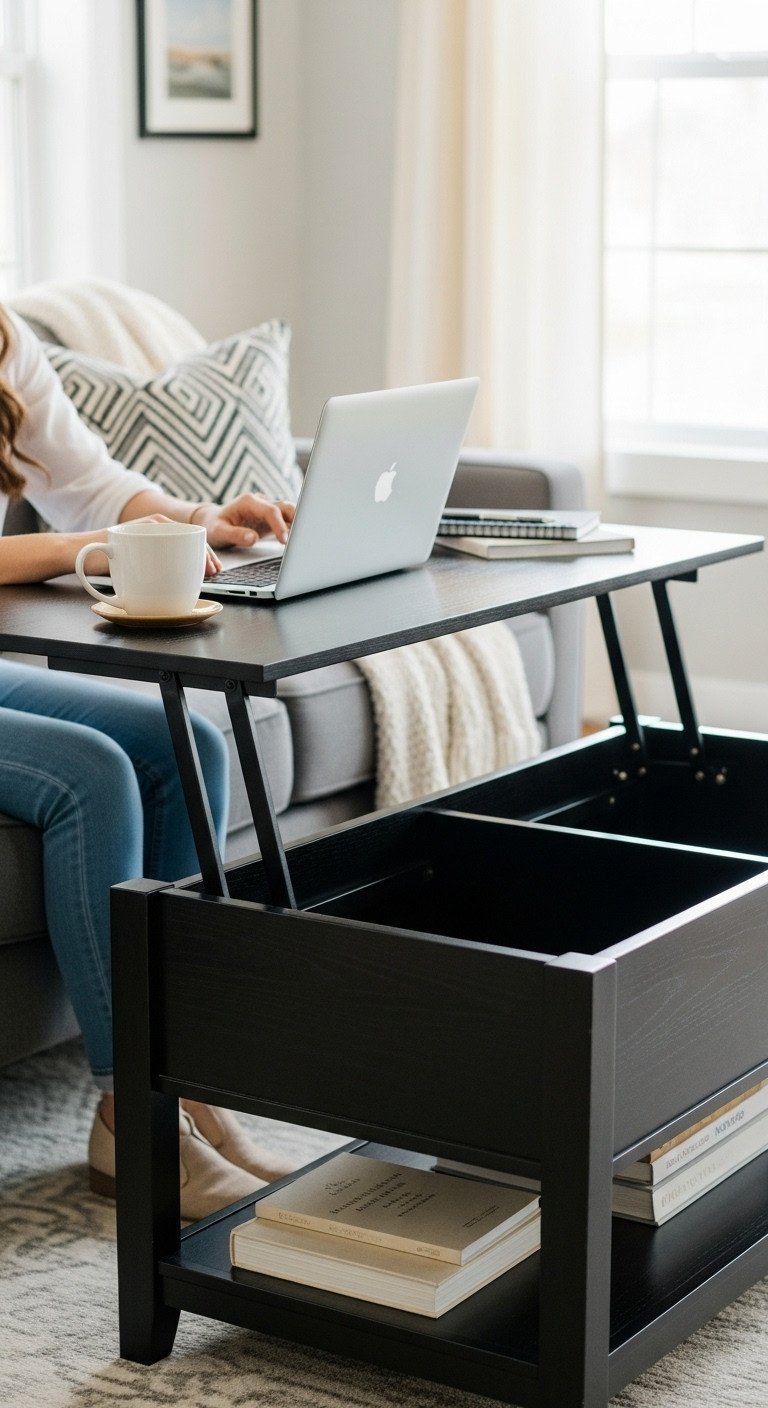 Dark wood lift-top coffee table raised with laptop & mug, revealing hidden storage in a cozy living room. Versatile and functional.