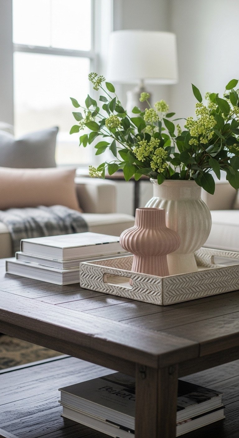 Dark wood square coffee table centerpiece styled with Rule of Three: books, decorative tray, sculptural vase. Cozy living room decor, warm tones.