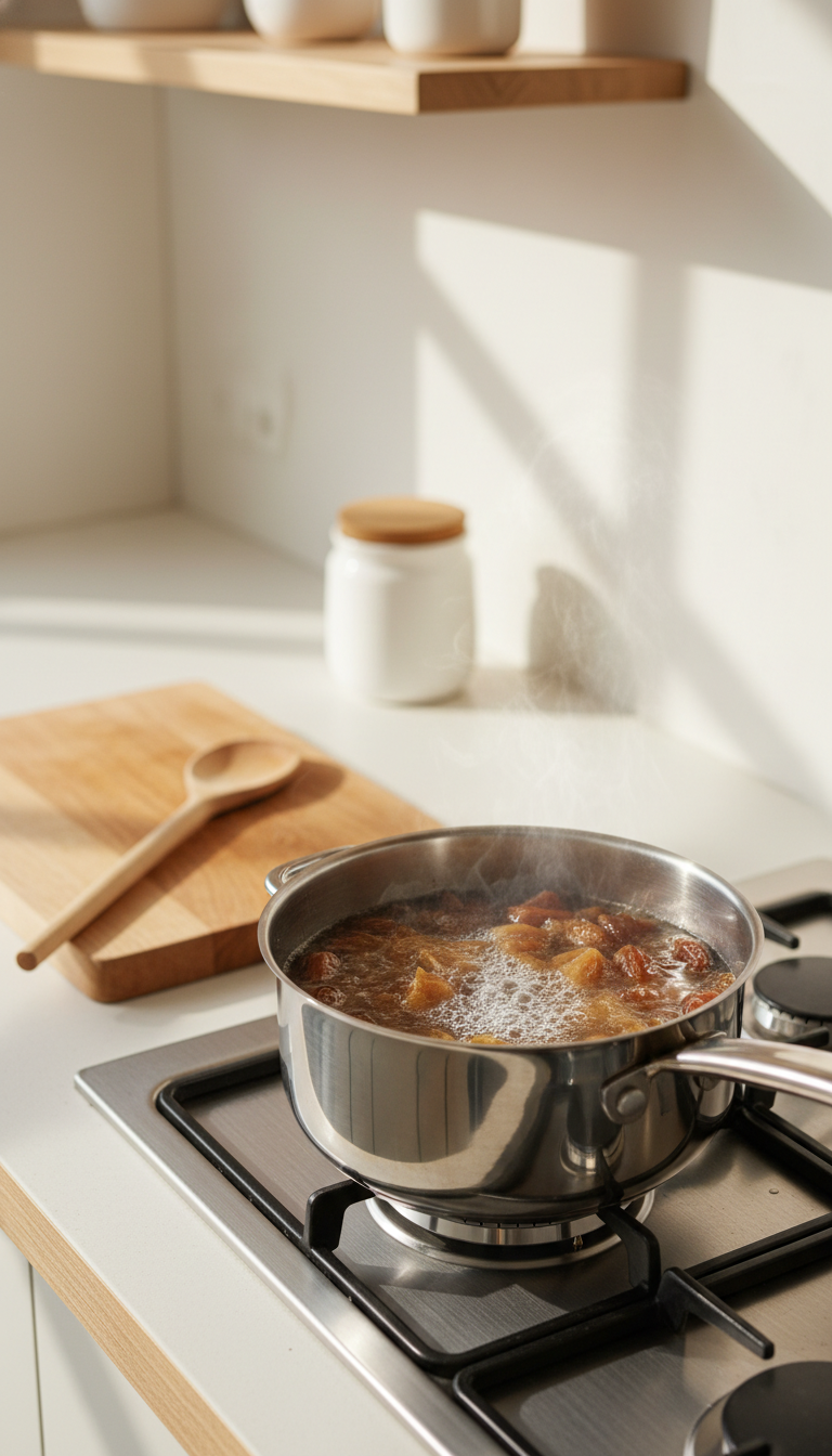 Homemade Date Coffee Syrup: Easy Natural Sweetener 3 Date and water mixture gently simmering in a stainless steel saucepan on a stovetop for homemade, natural date syrup.