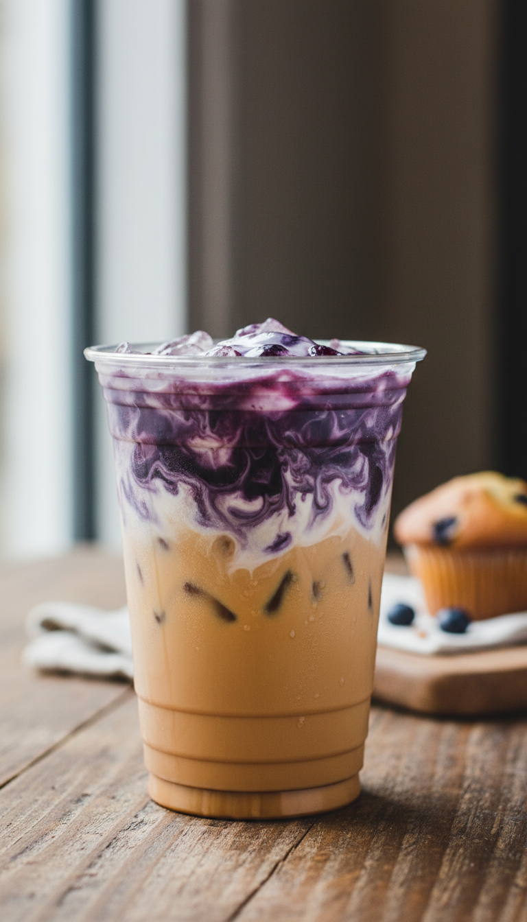 Dunkin Blueberry Iced Coffee Order: 7 Viral Recipes to Try 1 Decadent Dunkin' blueberry cobbler iced coffee, caramel base with creamy purple swirl, on rustic table in cozy coffee shop.