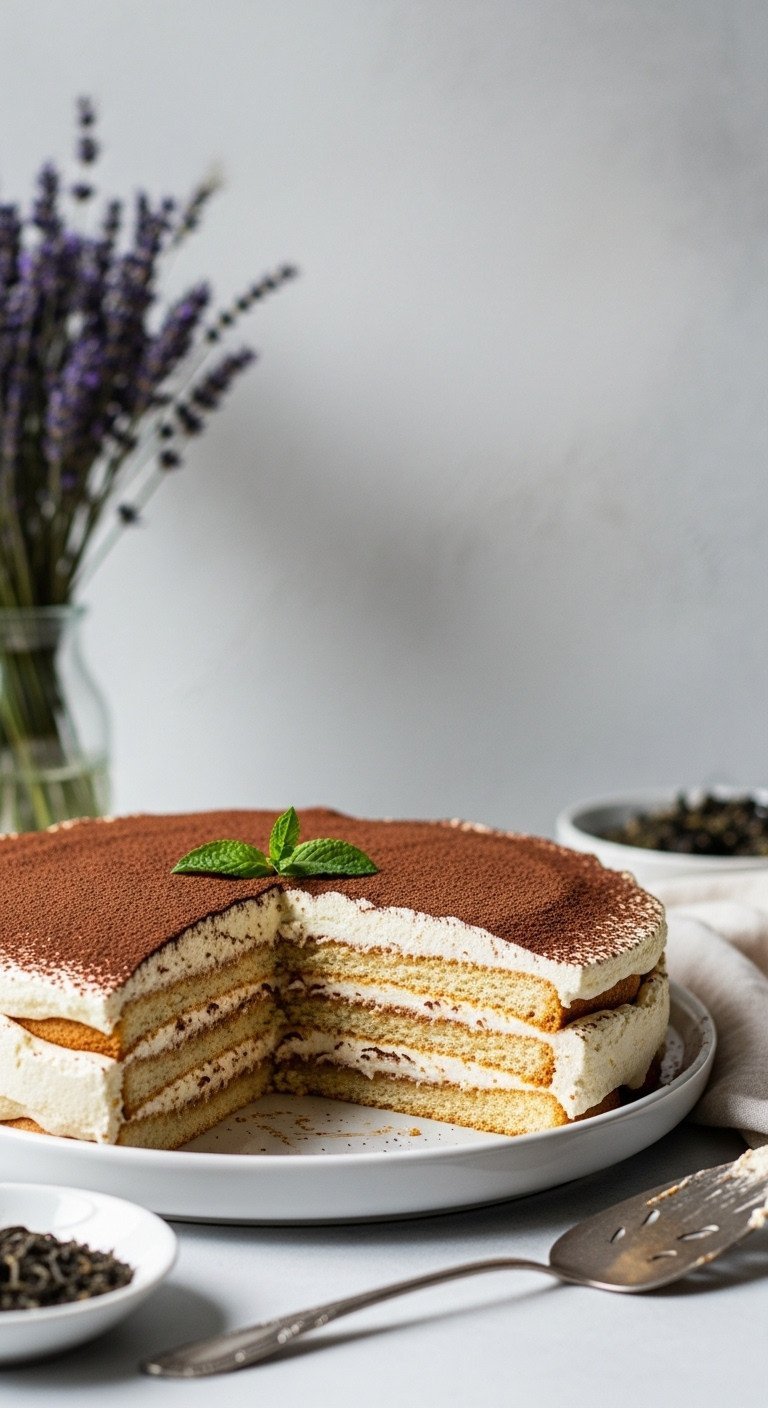 Master Earl Grey Recipes Perfect London Fog Latte at Home 9 Decadent Earl Grey Tiramisu slice in a serving dish, showing rich layers, dusted with cocoa, on a white platter.