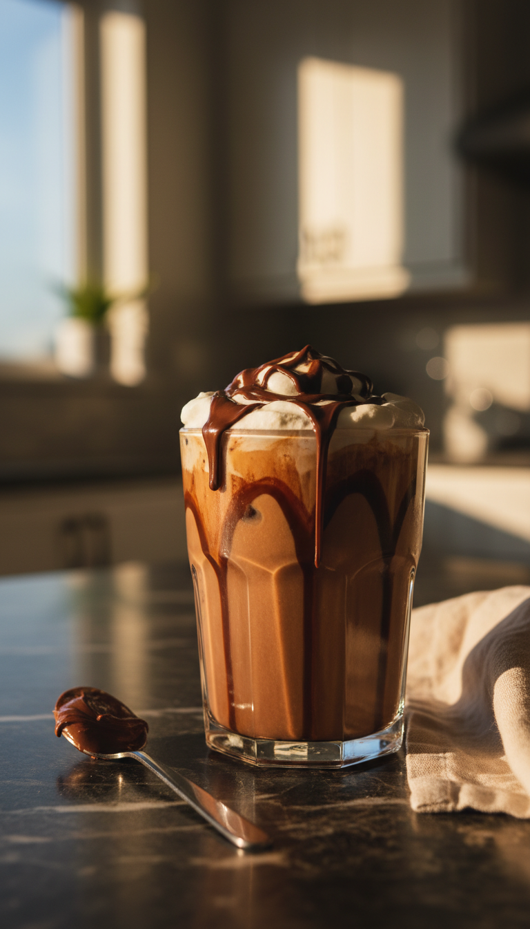 Decadent Nutella iced coffee, rich chocolate hazelnut drizzle, creamy whipped top, dark marble counter, warm golden light.