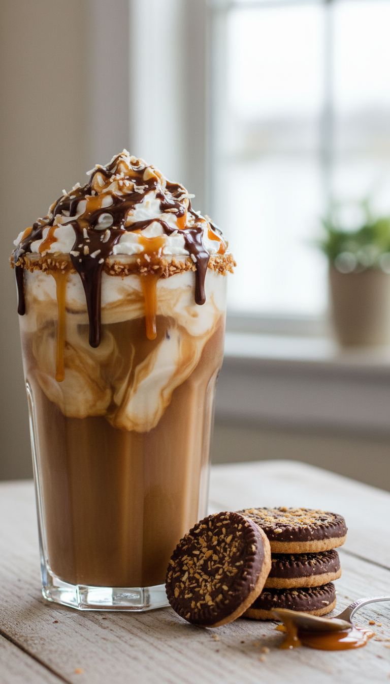 Decadent Samoa Cookie iced coffee, creamy caramel & chocolate drizzles, whipped cream, toasted coconut flakes on wood table.