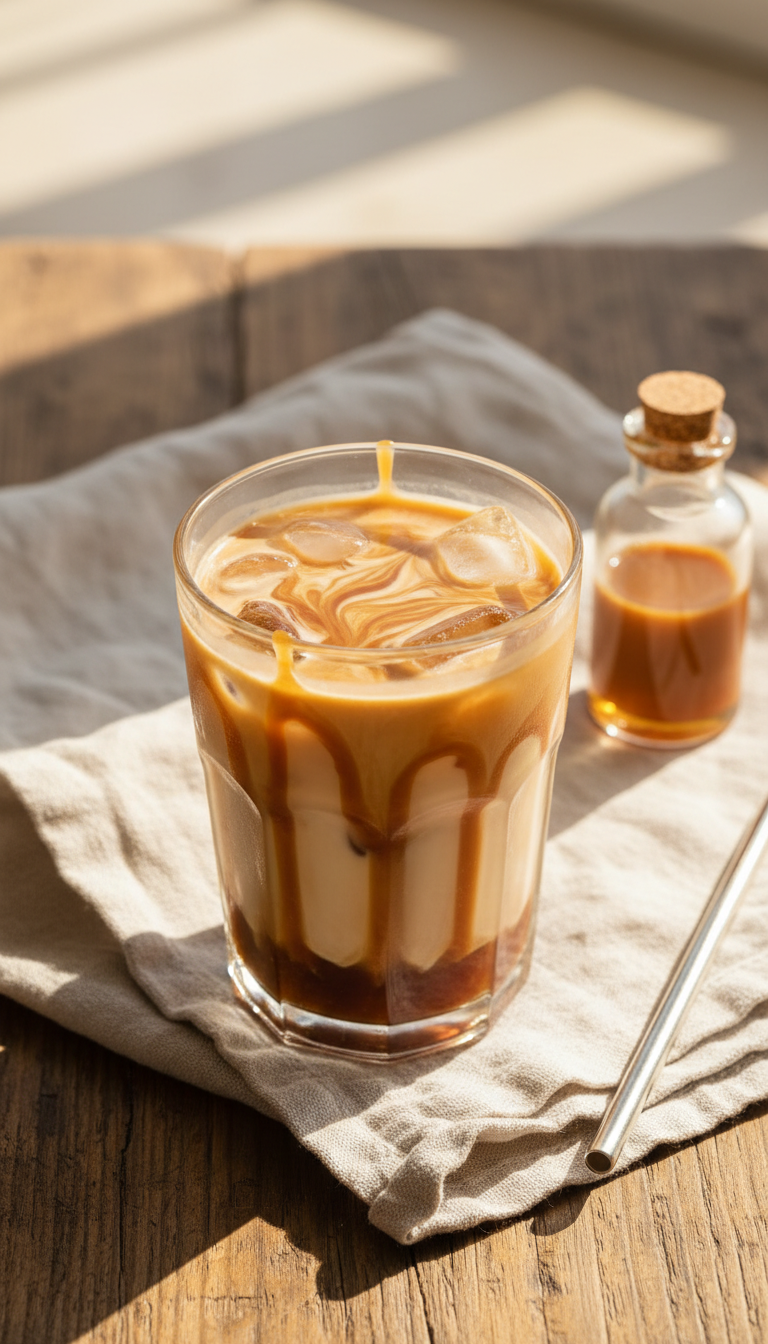 Decadent iced caramel swirl coffee in a clear glass, with rich caramel syrup dripping artfully down, on a rustic table.