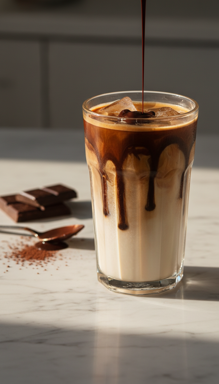 Decadent mocha iced coffee in a vintage glass, with dark chocolate swirl and syrup residue, on a marble countertop.