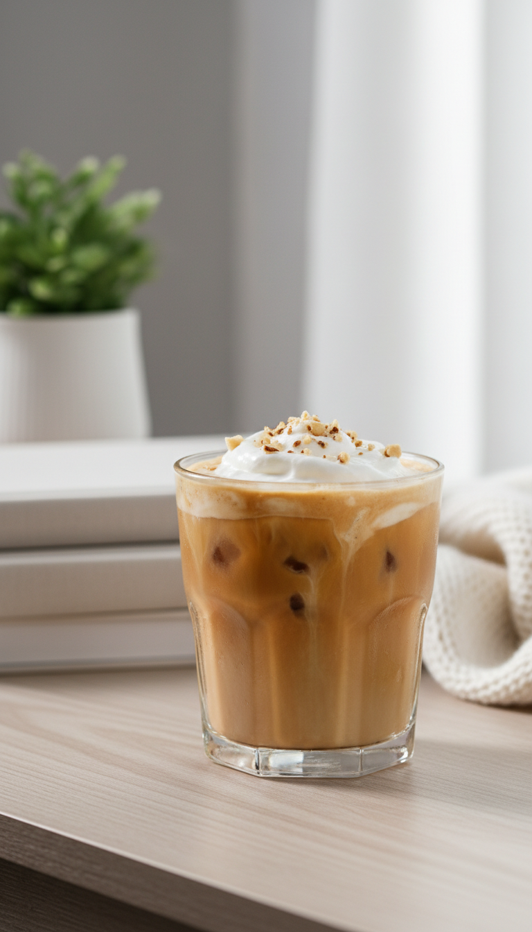 Your Essential Dunkin Hazelnut Iced Coffee Order Guide 11 Decaf hazelnut iced coffee, rich and clear, on a light wood table with books and blanket in a peaceful setting.