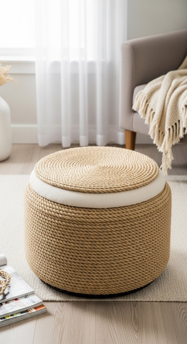 Decorative storage ottoman made from an old car tire wrapped in natural jute rope with an upholstered lid, magazines, and blanket.