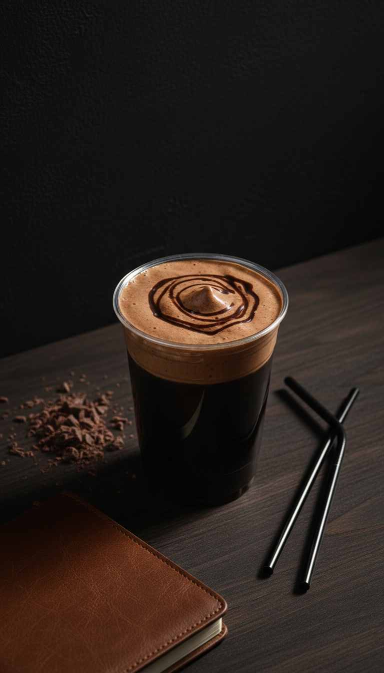Deep Midnight Mocha Cold Brew, dark mocha cream, chocolate shavings on a wood table with matte black wall, elegant flat lay.