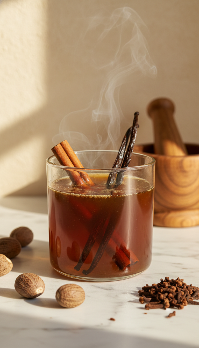 Homemade Cinnamon Coffee Syrup: Starbucks Copycat 17 Deep amber cinnamon syrup infused with whole cinnamon sticks and split vanilla beans in a glass container with rising steam.