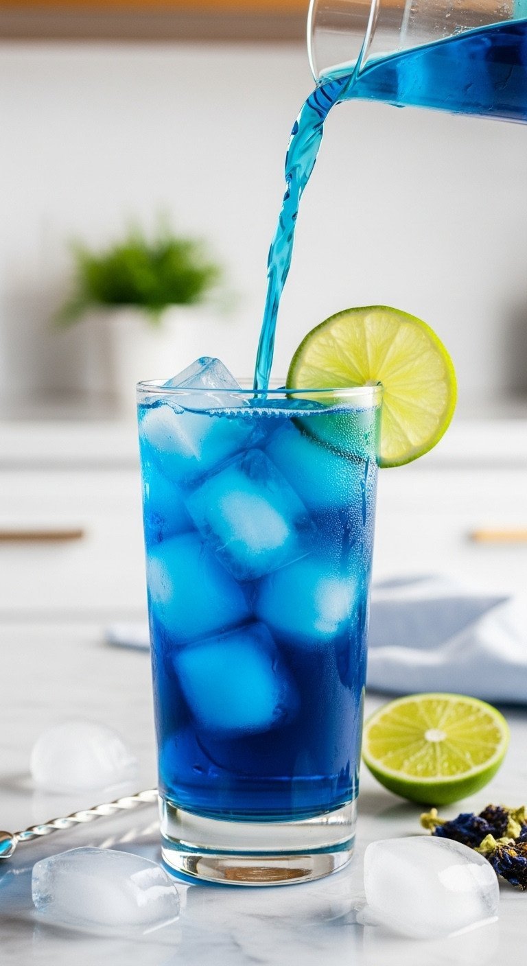 Butterfly Pea Tea Benefits Brewing and Color Change Secrets 2 Deep blue iced butterfly pea tea base over large clear ice cubes in a highball glass with a lime slice on a marble counter, fresh.