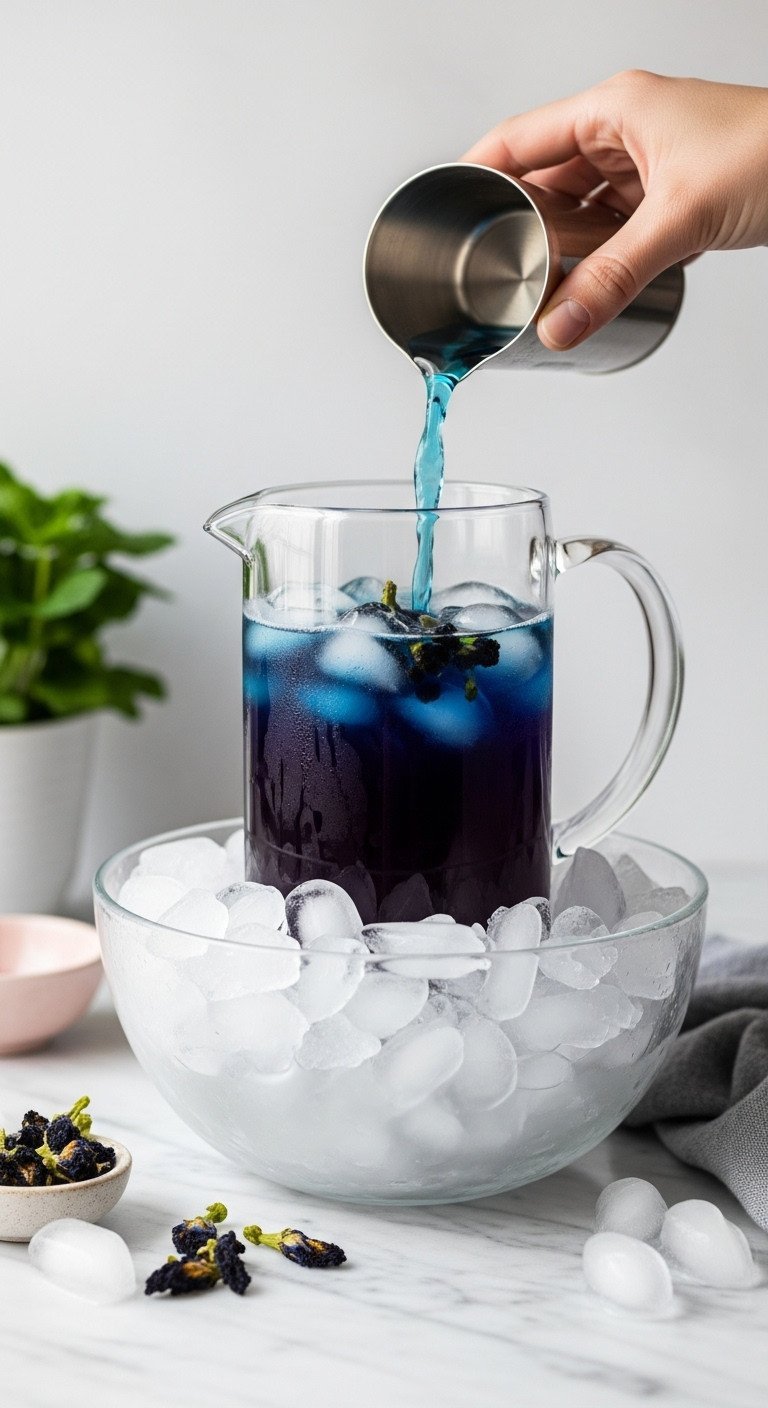Blue Milk Tea Recipe And Secrets For Perfect Boba 5 Deep indigo butterfly pea tea pitcher in an ice bath on a marble countertop, chilling rapidly for a refreshing blue drink.