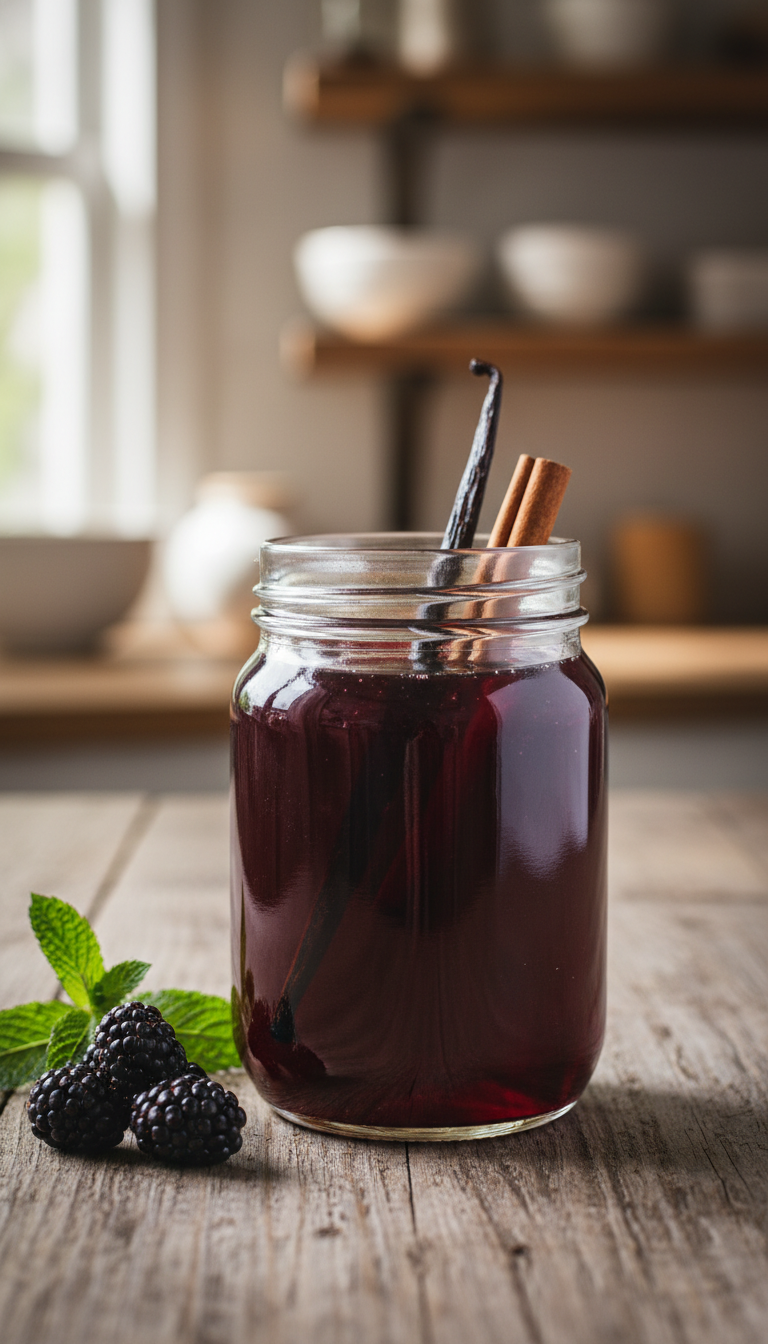 Homemade Blackberry Coffee Syrup: Easy & Delicious Recipe 7 Deep purple blackberry syrup in a glass jar infusing with vanilla bean and cinnamon stick on a rustic wood table. Gourmet coffee syrup.
