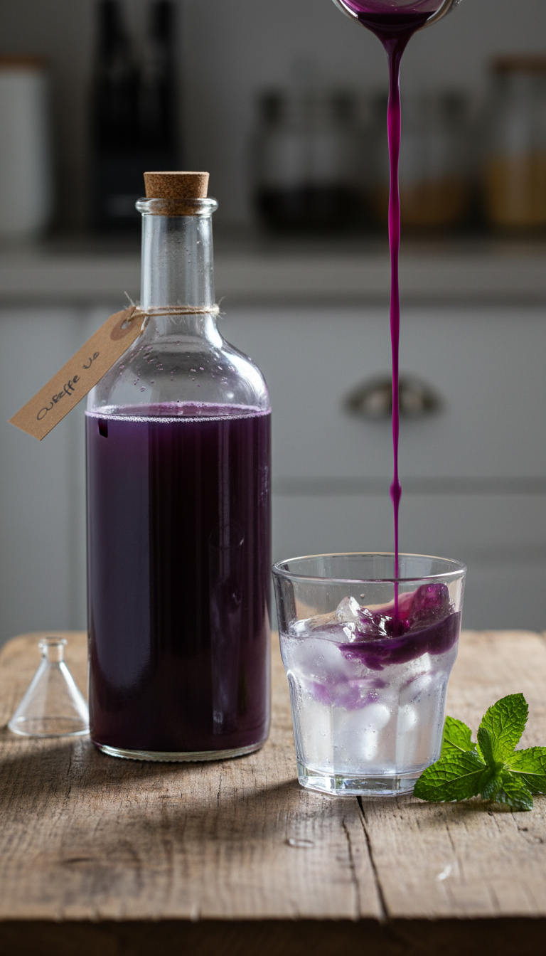 Homemade Ube Coffee Syrup: Ultimate DIY Guide 11 Deep purple homemade ube coffee syrup in glass bottle. Syrup pours into ice water. Funnel & mint. Finished ube syrup recipe.