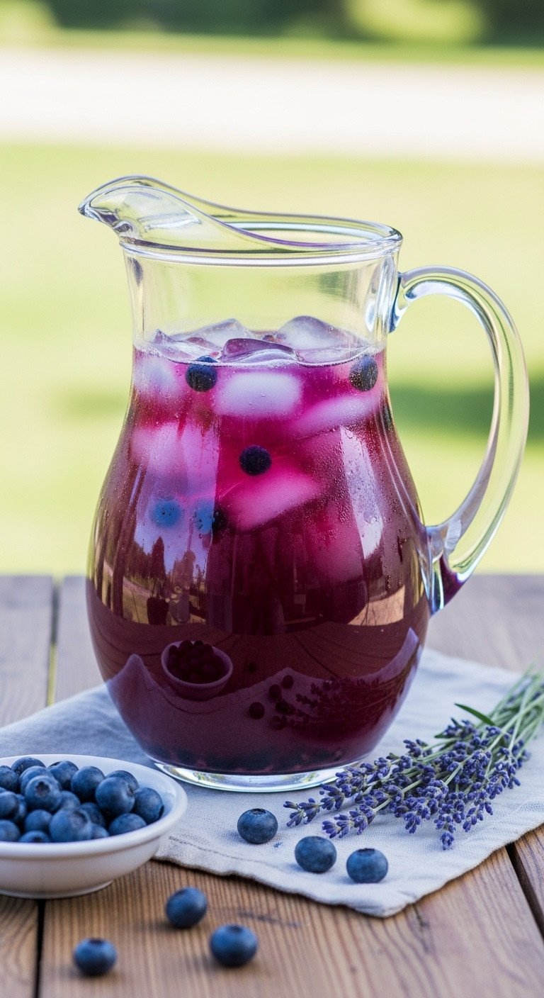 The Ultimate Lavender Iced Tea Guide To Perfect Non Bitter Flavor 9 Deep violet blueberry lavender iced tea in a pitcher with fresh blueberries on a rustic wooden table in a natural outdoor setting.