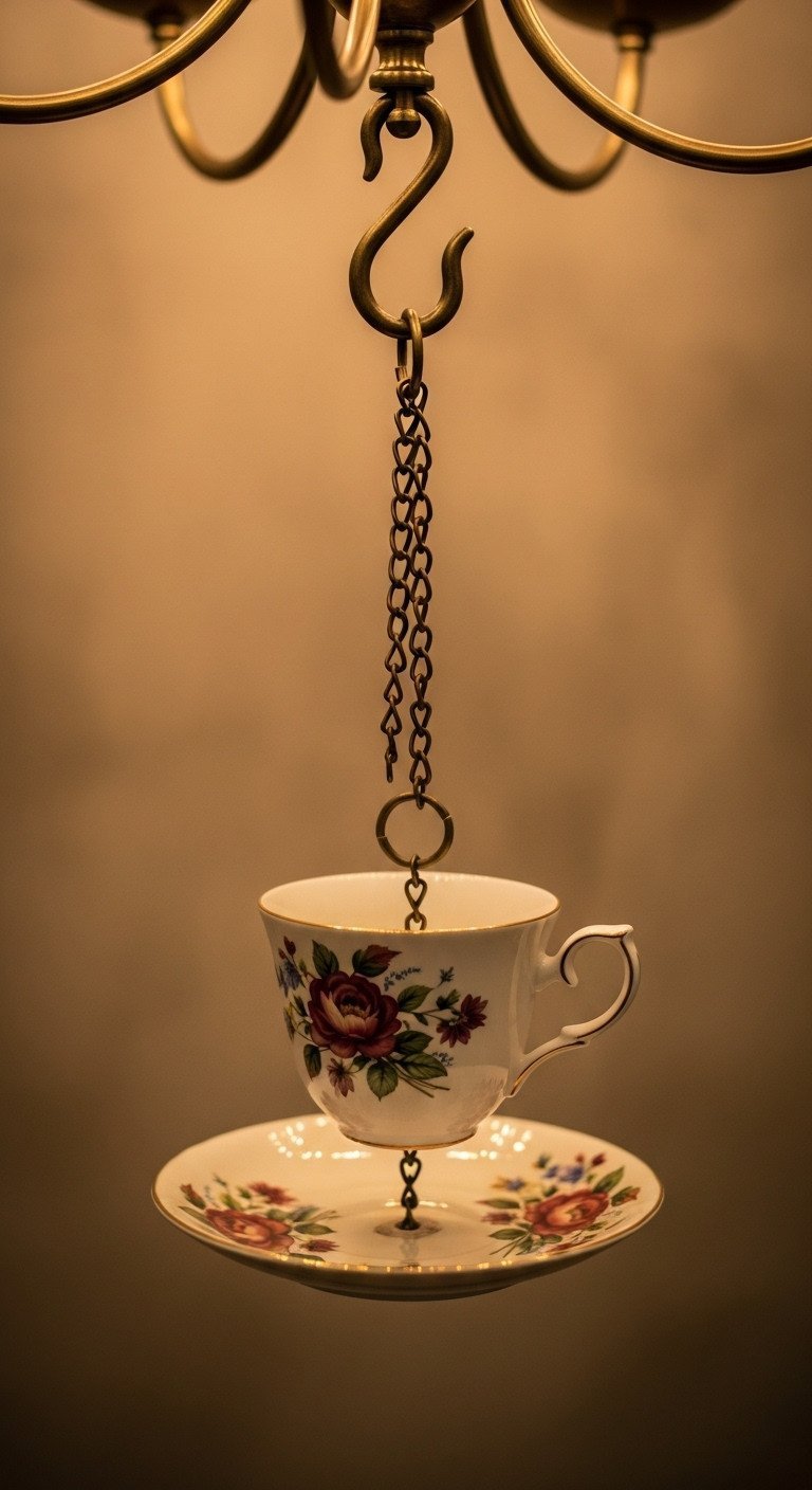 Teacup Chandelier DIY Secrets Wiring Safety And Porcelain Drilling 5 Delicate floral teacup suspended by an aged brass chain, showcasing a unique DIY chandelier design with elegant vintage style.