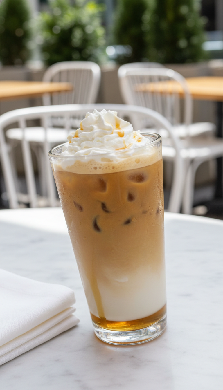 Delicious Dunkin' French Vanilla Iced Coffee, layered with syrup, coffee, whipped cream. Custom drink in glass, patio scene.
