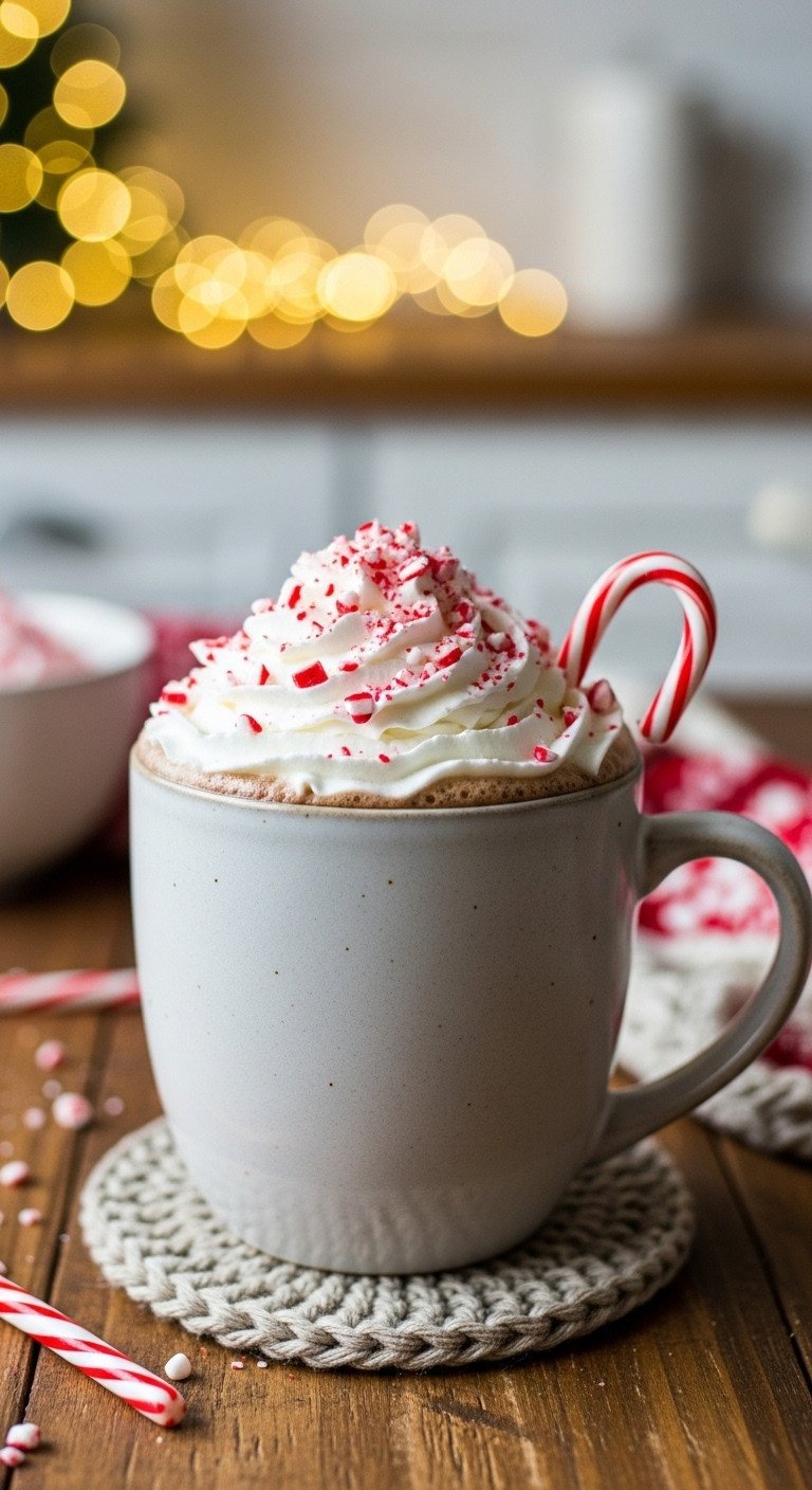 Delicious Peppermint Mocha latte in a ceramic mug with whipped cream, crushed peppermint, and candy cane garnish on a wooden table.