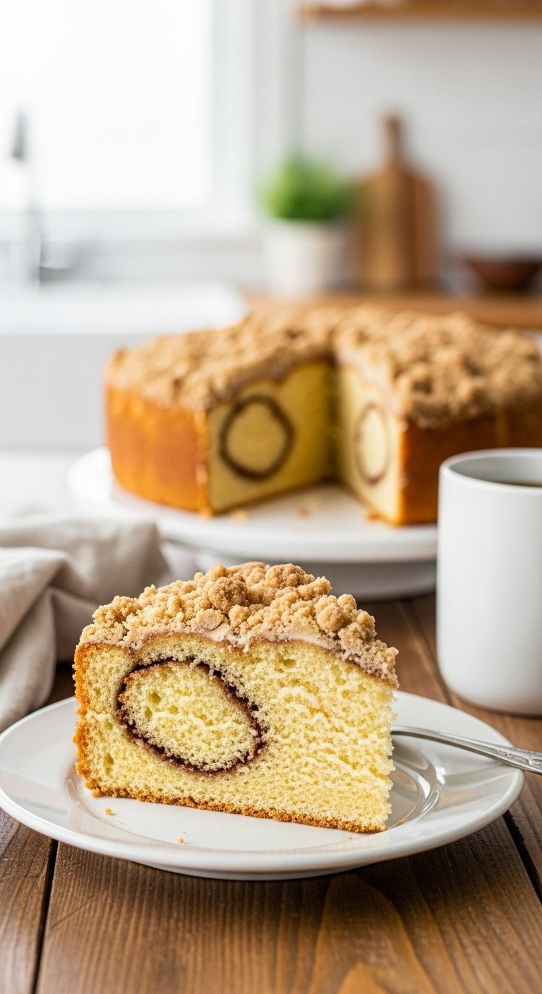 Best Moist Christmas Coffee Cake for a Perfect Holiday 1 Delicious classic sour cream coffee cake slice with thick cinnamon swirl, crumb topping, moist crumb, on rustic wood with coffee.