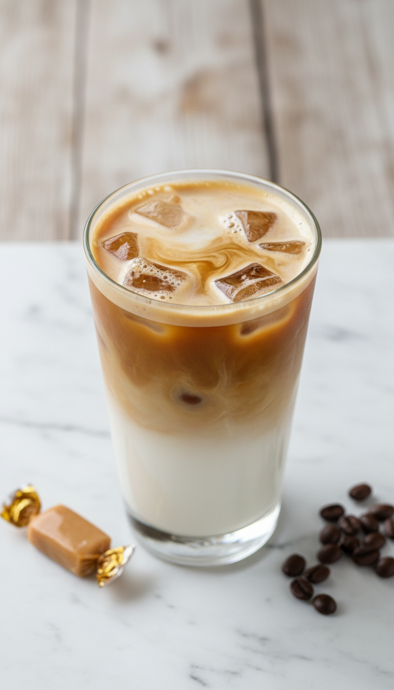 Dunkin Iced Coffee Espresso: Master Your Custom Order 5 Delicious iced latte with creamy milk, espresso, caramel swirl, and foam in a clear cup on white marble, wood background.