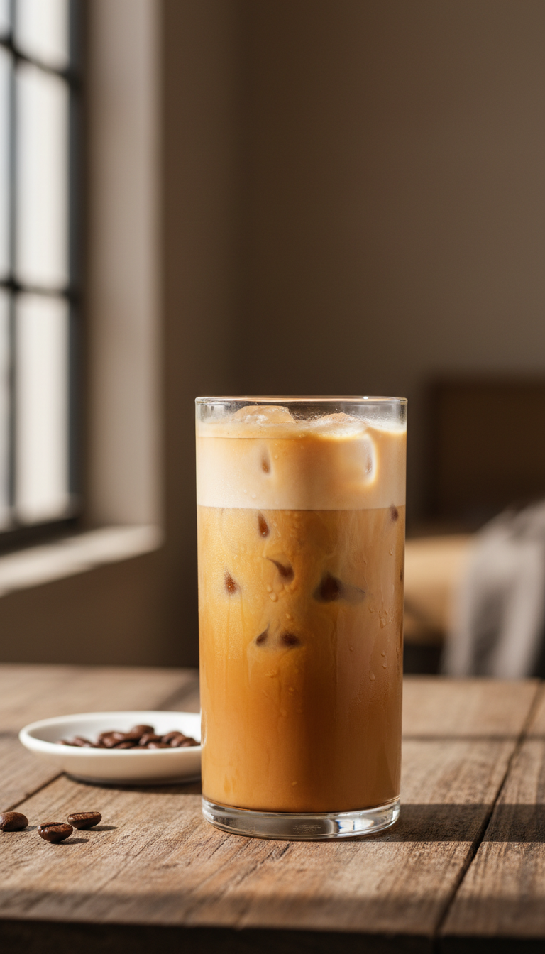 Dunkin' Sugar Free Iced Coffee: 11 Best Healthy Orders 1 Delicious layered vanilla hazelnut iced coffee in a clear glass, caramel gradient, ice, condensation on rustic wood, soft light.