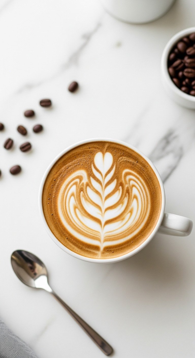 Detailed Christmas latte art, Christmas tree design, in ceramic cup on white marble, coffee beans, elegant spoon.
