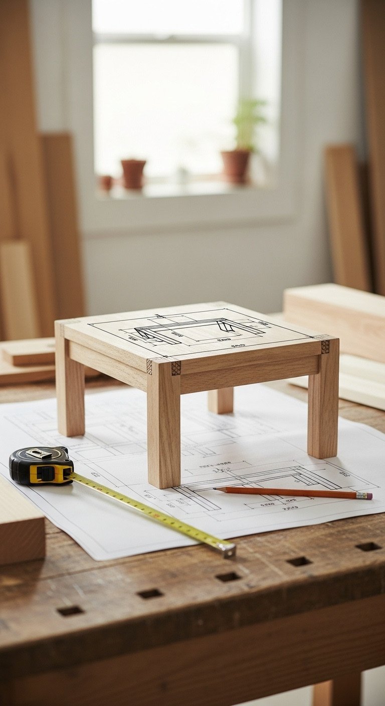 Detailed blueprint sketch of a simple rectangular wooden coffee table on a workbench with measuring tape and pencil. Beginner DIY furniture project planning.
