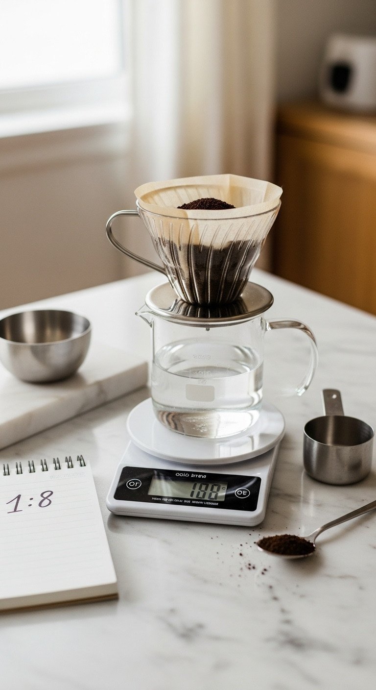 Cold Brew Coffee Master Guide To Smooth Low Acid Ratio Secrets 1 Digital kitchen scale measuring coarse coffee grounds, beaker of water, notepad with 1:8 ratio on a marble counter. Perfect cold brew prep.