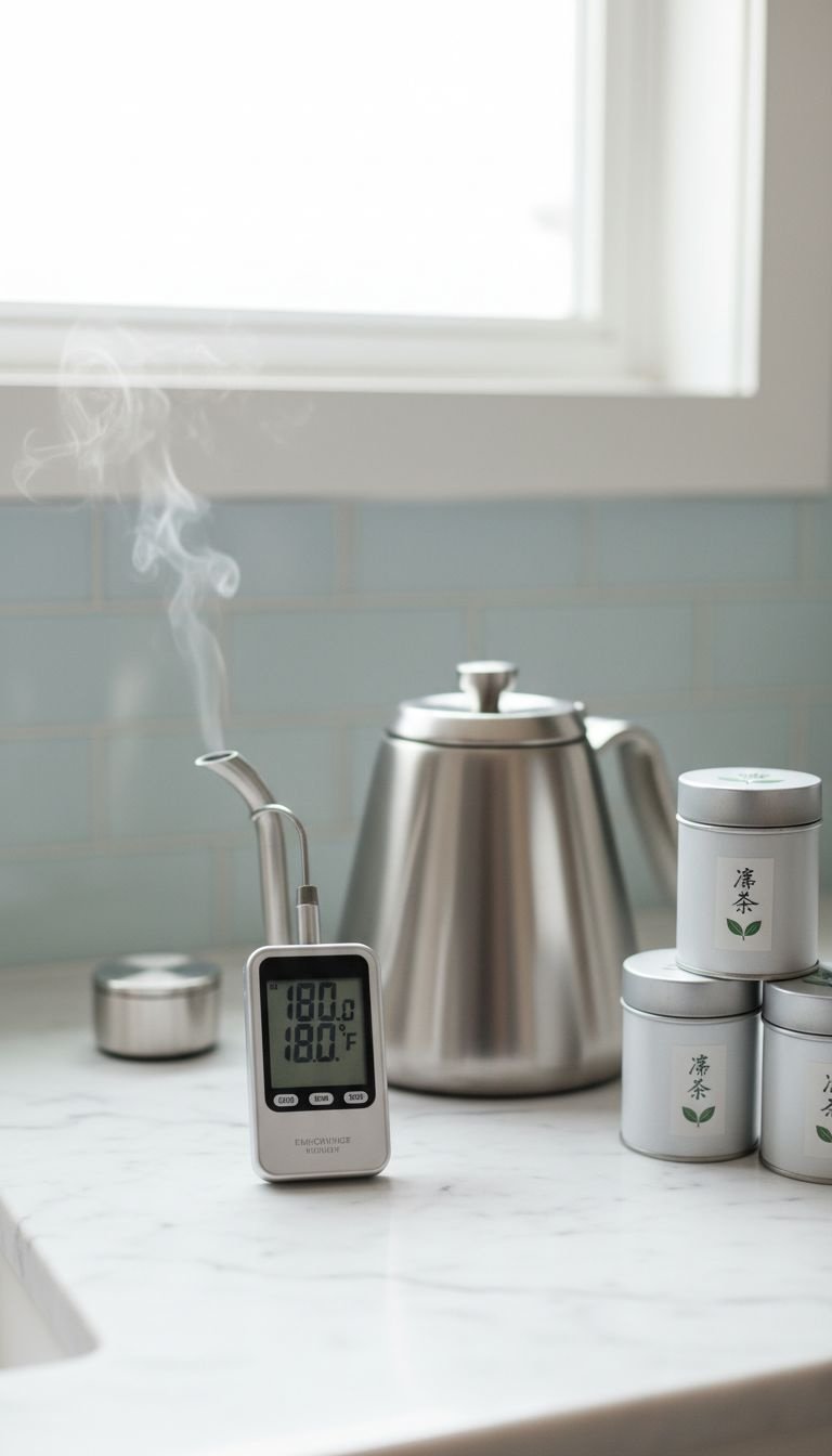 Hojicha Latte Master Recipe for Perfect Creamy Flavor 3 Digital thermometer reads 180°F in a stainless steel gooseneck kettle spout with steaming water for Hojicha brewing.