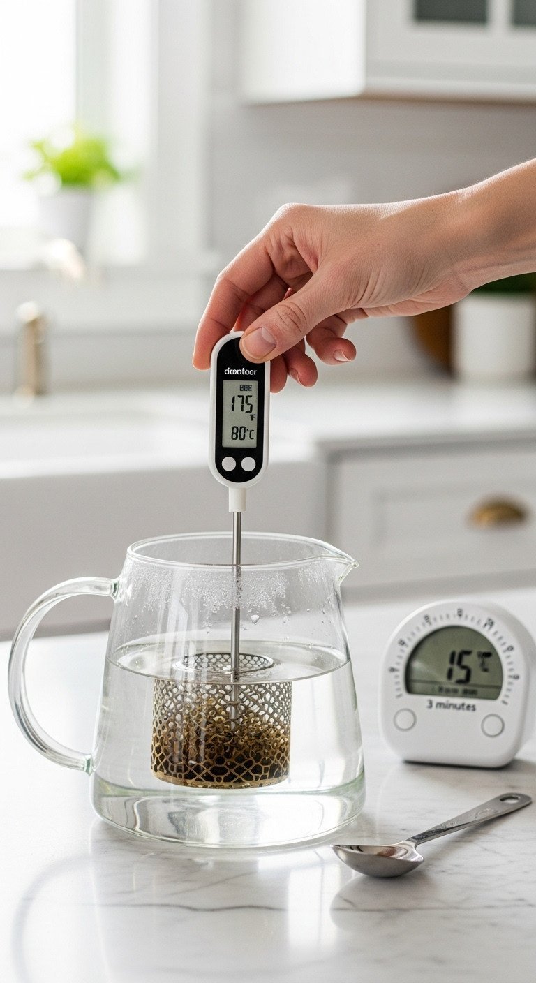 Digital thermometer showing 175°F in a glass teapot of hot water for precise green tea brewing on marble counter.