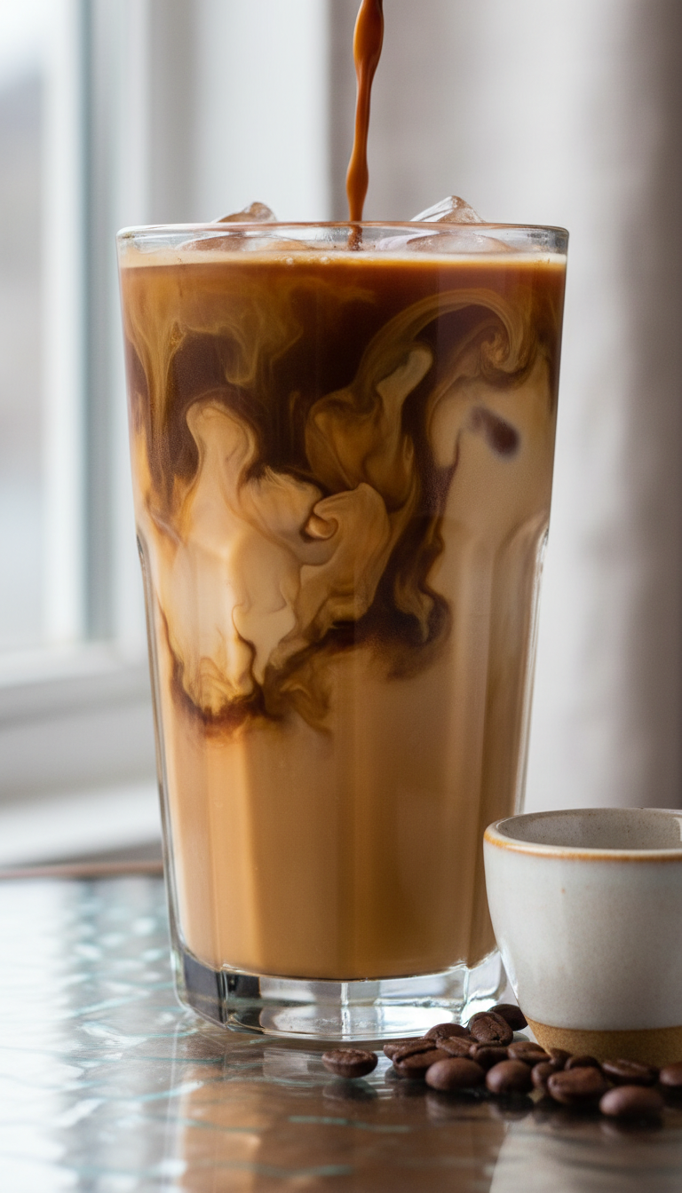 Dirty iced chai latte with espresso swirling into spiced milk. Energetic drink, coffee beans, and espresso cup on glass.