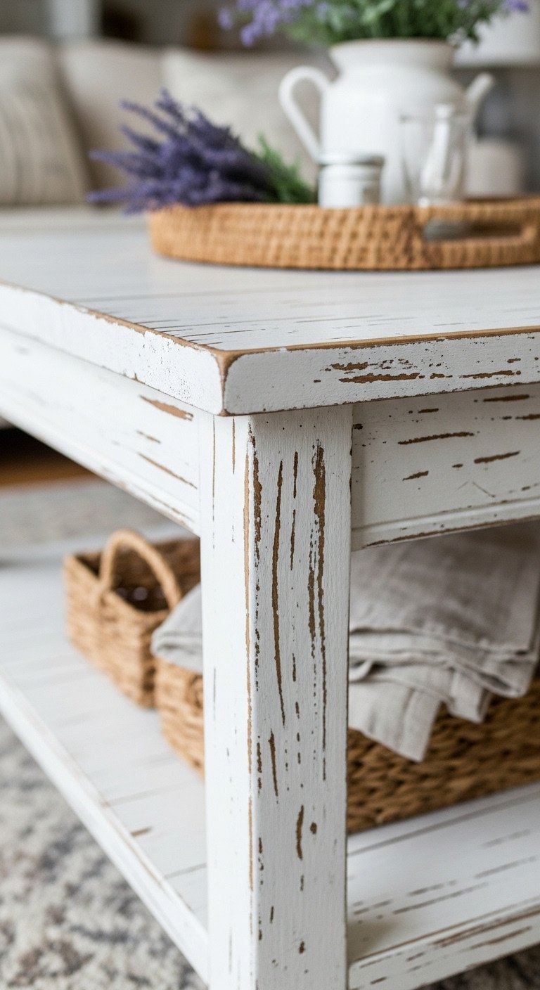 Elevate Your Living Room With 7 Genius Rustic Coffee Tables 8 Distressed antique white farmhouse coffee table, exposed wood, styled with lavender, baskets, and linen. Shabby chic decor.