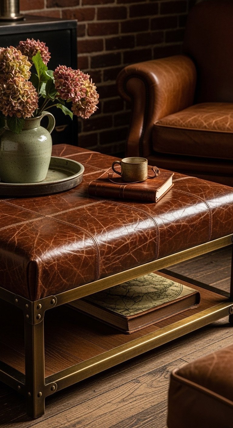 Elevate Your Space With A Luxurious Leather Coffee Table 5 Distressed vintage brown leather coffee table with worn texture and wood frame on a rustic floor, creating a cozy atmosphere.