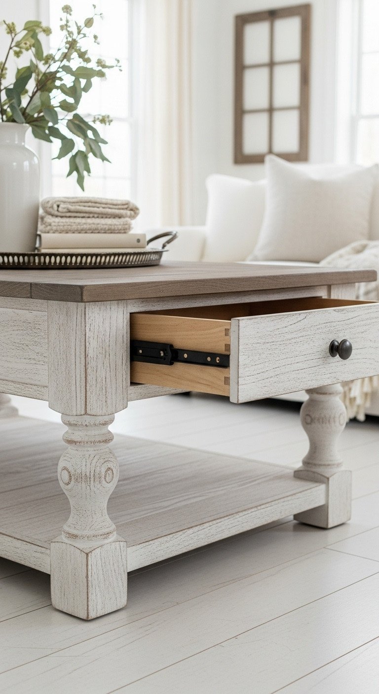Distressed white oak baluster coffee table with chunky turned legs and functional storage drawer in a cozy farmhouse living room.