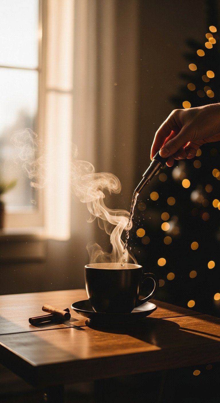 Dramatic cinematic lighting on Christmas coffee setup: steaming dark mug, volumetric light shafts, blurred holiday lights, soft bokeh.