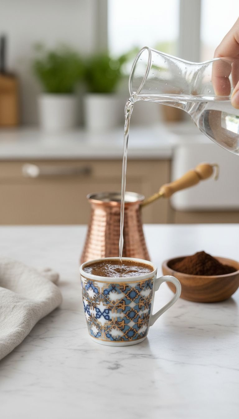 Dramatic macro shot of thick, light brown foam rising to the brim of a copper cezve as it heats on a stove.