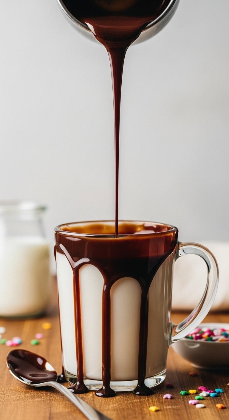Dramatic slow-motion pour of dark chocolate syrup into a clear glass mug of milk, creating intricate patterns. Cozy, sweet treat.