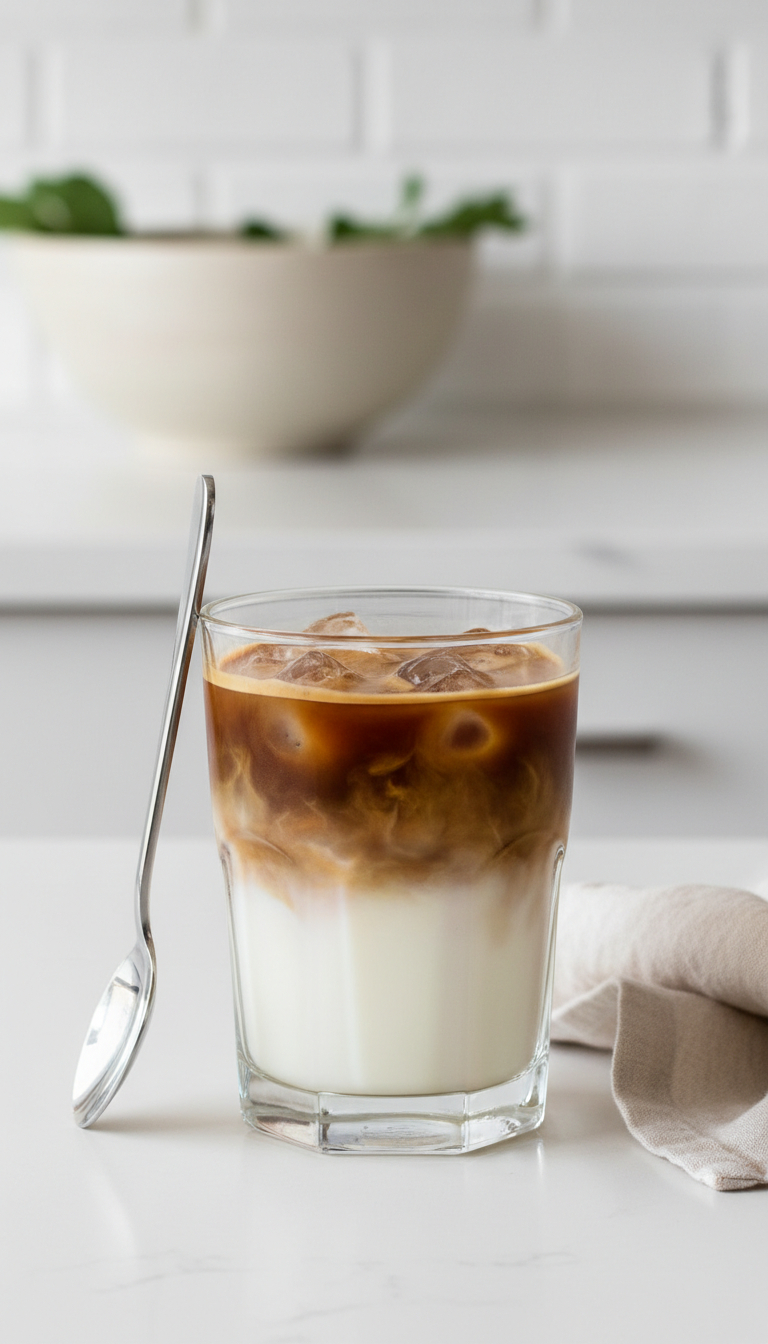 Dramatically layered Iced Macchiato with distinct espresso and milk lines, silver spoon on white countertop, elegant.