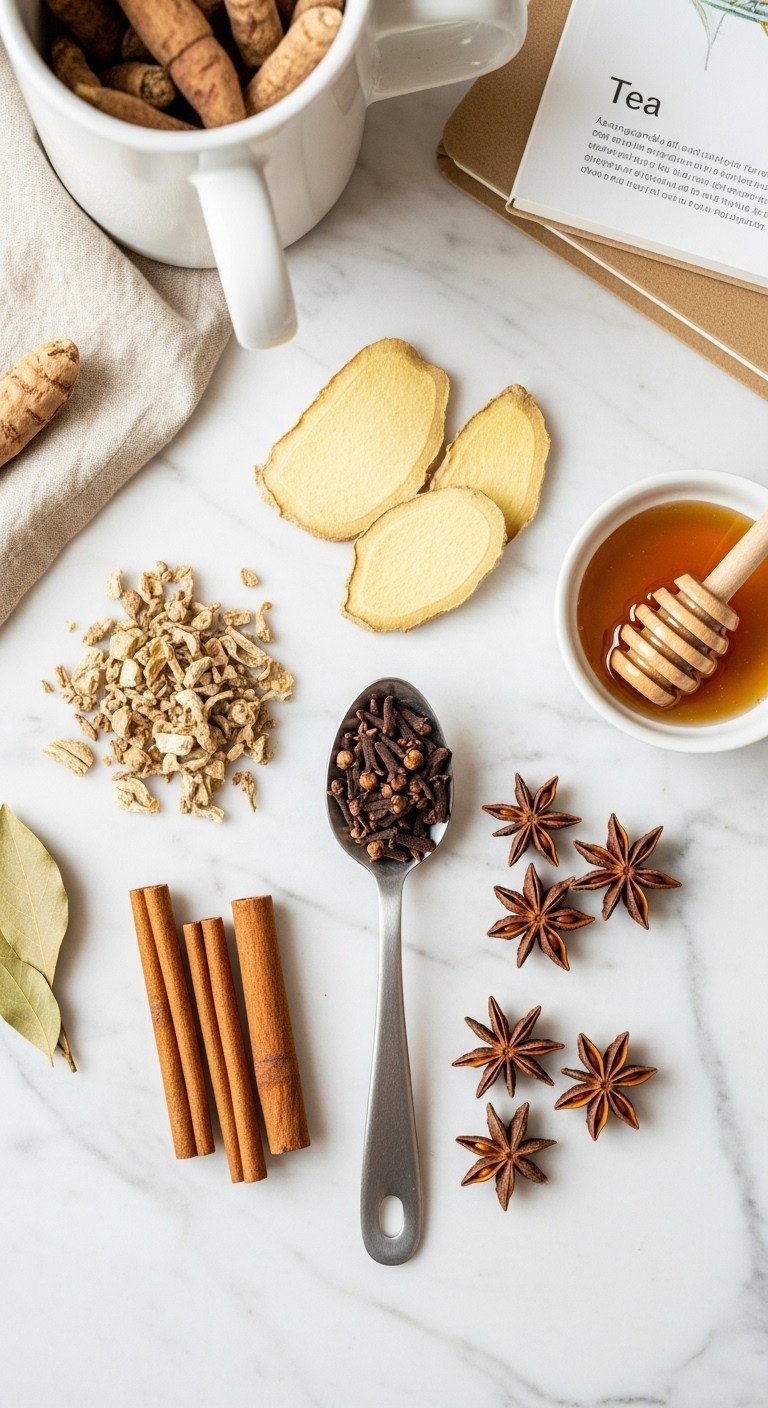 Master Adaptogen Tea The Essential Guide to Blends and Dosage 13 Dried Ashwagandha root, ginger slices, cloves, cinnamon, and star anise for a balanced herbal tea blend on marble.