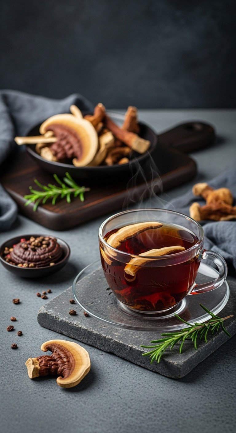Master Adaptogen Tea The Essential Guide to Blends and Dosage 5 Dried Reishi mushroom slices and dark, savory Reishi tea in a glass teacup on a stone surface, evoking sophistication.