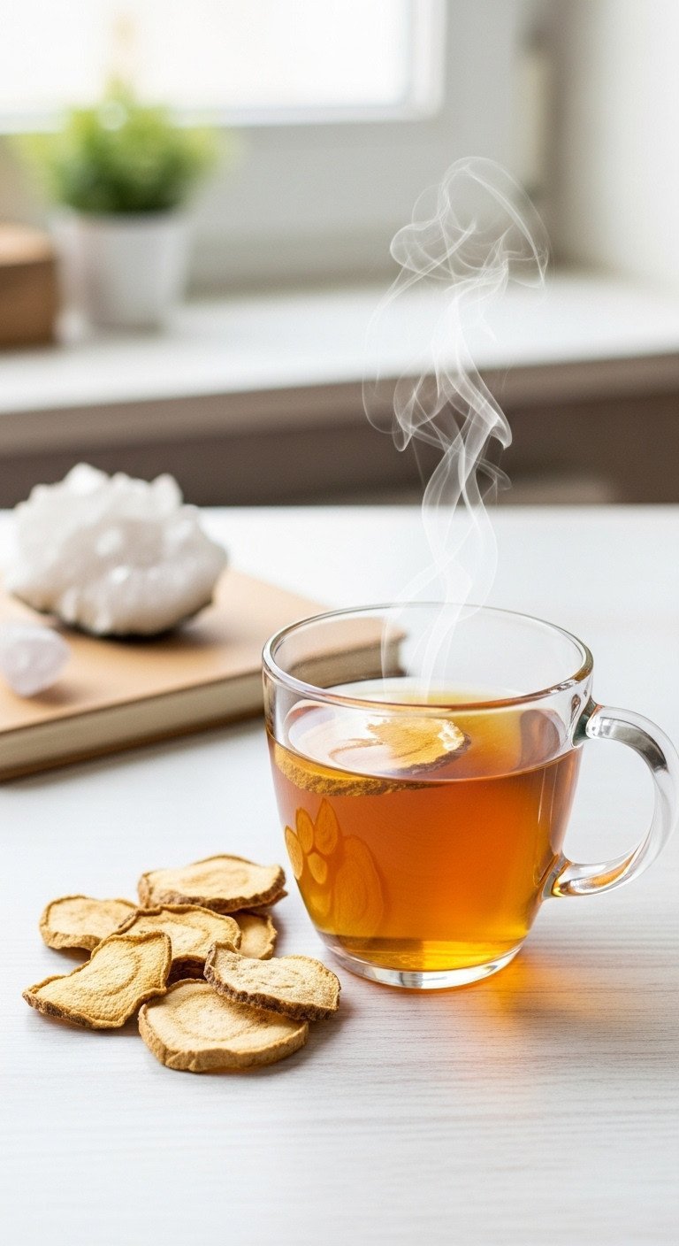 Master Adaptogen Tea The Essential Guide to Blends and Dosage 7 Dried Rhodiola Rosea root slices beside steaming amber tea in a mug on a white wooden surface, an energizing morning ritual.