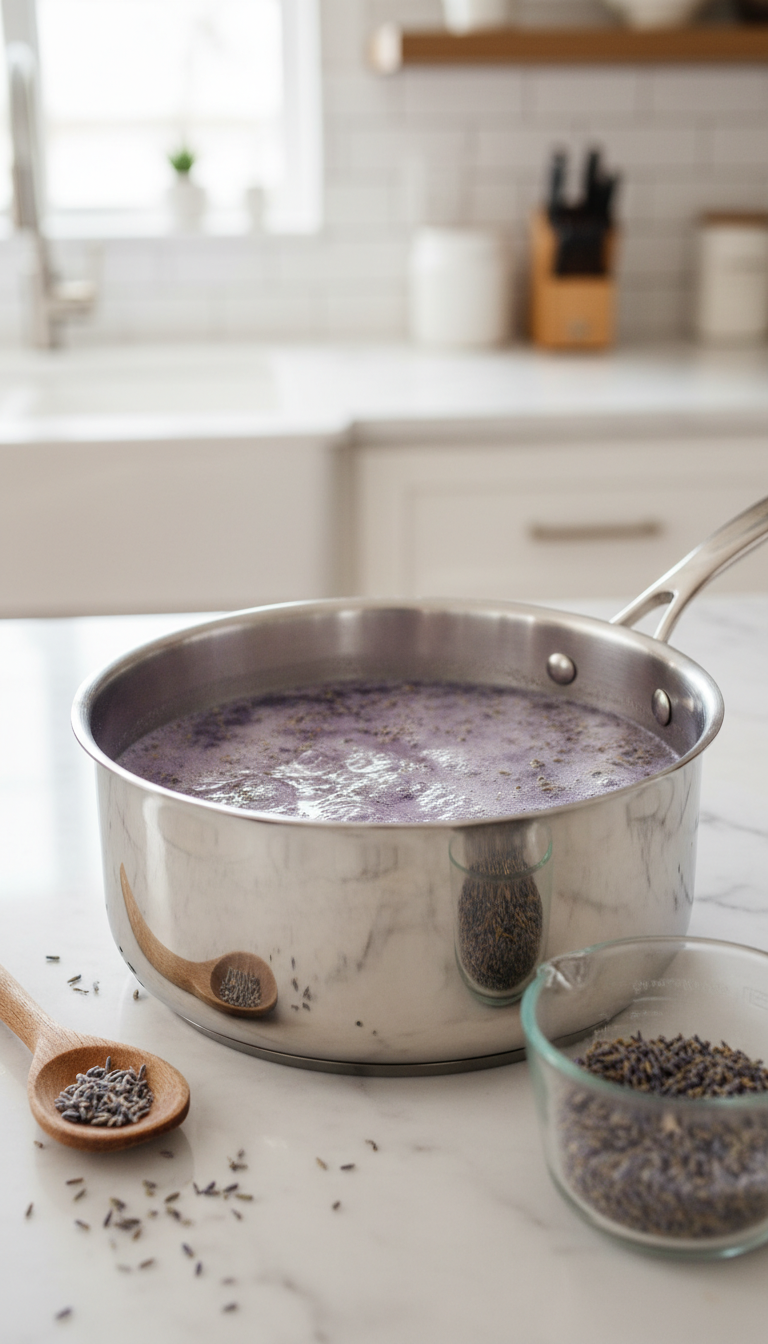 Homemade Lavender Coffee Syrup: Fresh & Dried Guide 1 Dried lavender buds simmering in a stainless steel saucepan, creating light purple simple syrup on a marble kitchen counter.