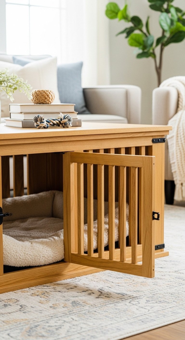 Genius DIY Crate Coffee Table Ideas For Smart Storage 15 Dual-use dog crate coffee table, a wooden box with built-in kennel, soft dog bed, and styled tabletop.