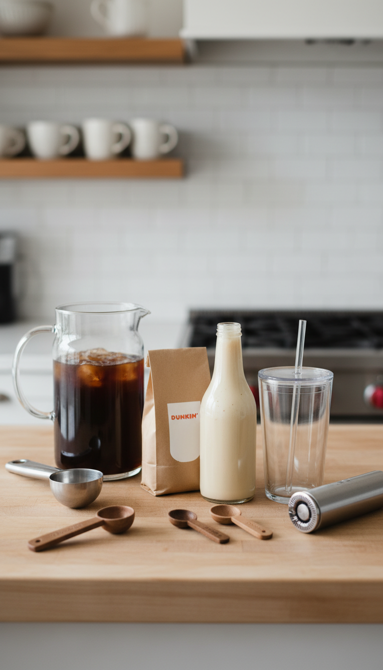 Dunkin' White Chocolate Iced Coffee Perfect Order 17 Dunkin' At-Home White Chocolate Coffee Kit: grounds, syrup, cold brew, tumbler, accessories on butcher block counter.