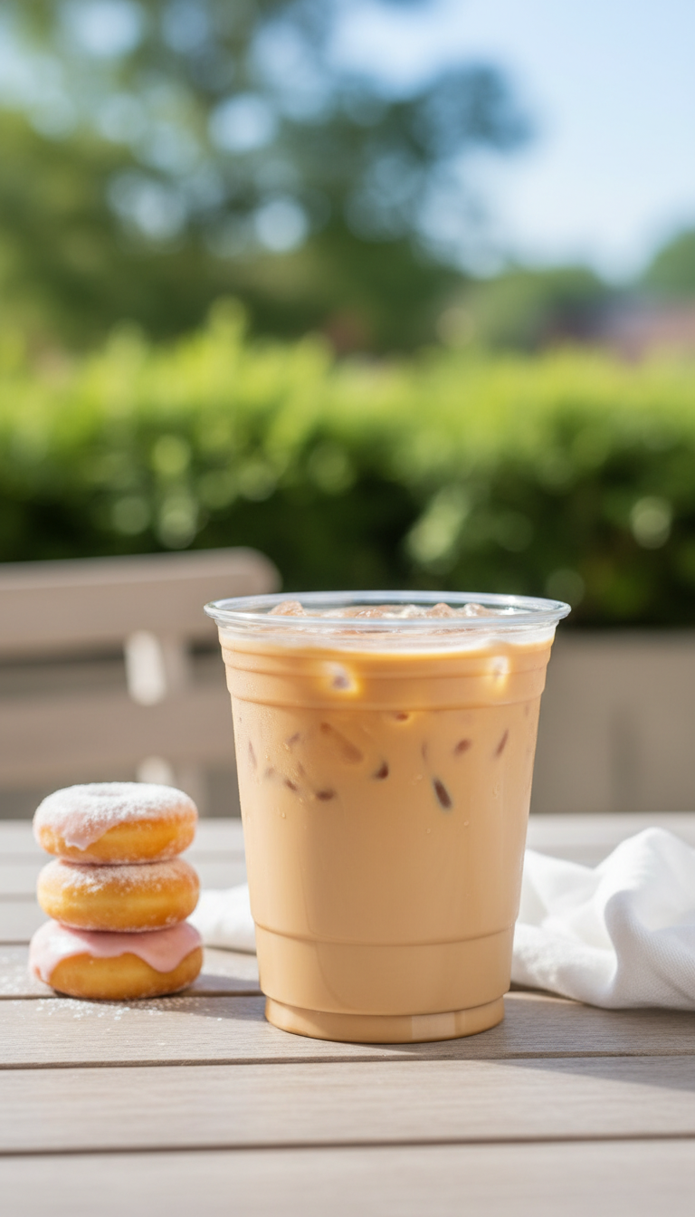 Dunkin' White Chocolate Iced Coffee Perfect Order 3 Dunkin' Classic Iced Coffee with white chocolate swirl, cream in clear cup on wood table. Bright outdoor setting with mini donuts.