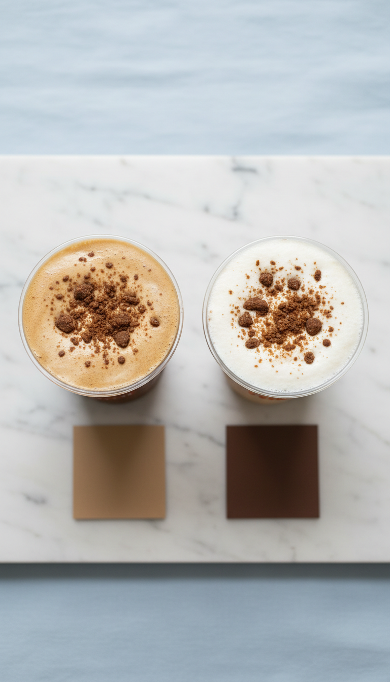 Dunkin Cookie Butter Cold Brew and Signature Latte side-by-side comparison, highlighting distinct colors and cookie crumbles.