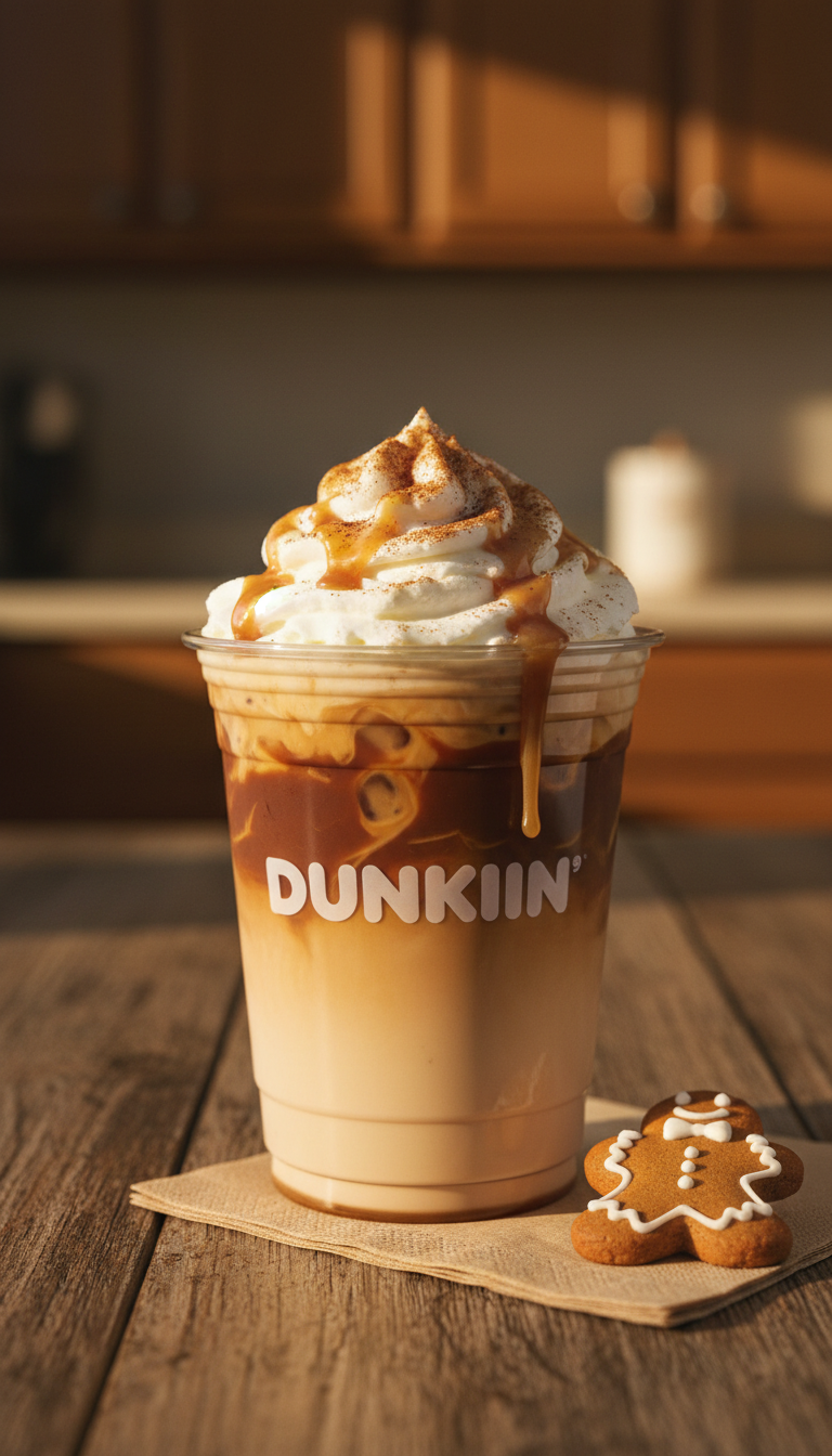 Dunkin' Cookie Butter Iced Latte, whipped cream, cinnamon, caramel, gingerbread cookie on wood table. Warm holiday coffee.