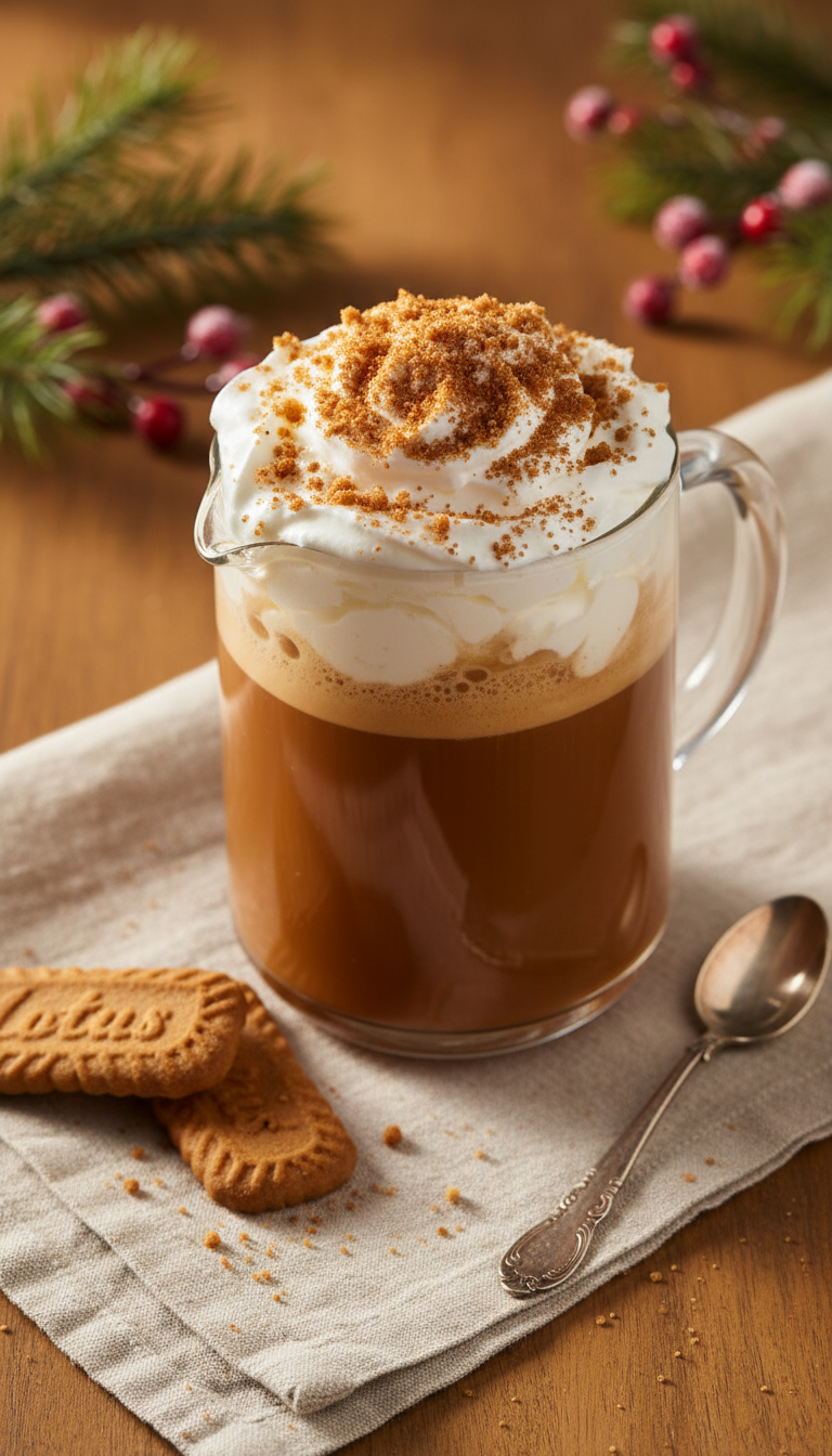 Dunkin' Cookie Butter Latte, whipped cream, crushed cookie topping. Cozy autumn setting, pine sprigs, soft natural light.
