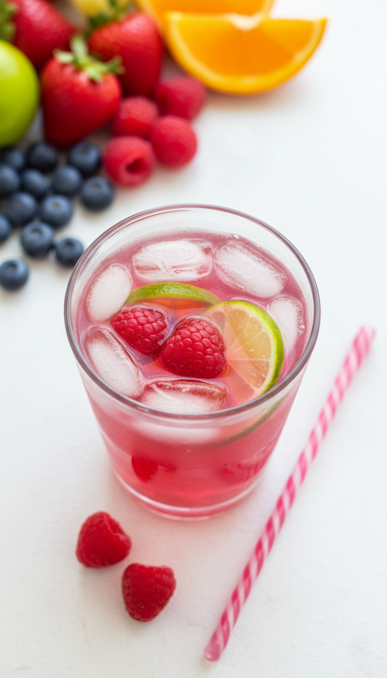 Dunkin' Iced Refresher (pink/red), sliced fruit in clear cup. Flat lay on white surface, fresh berries, bright daylight.