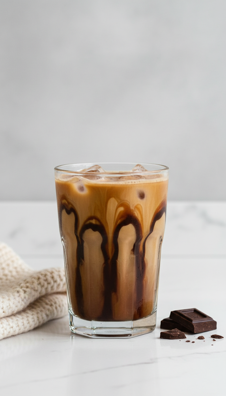Dunkin' Mocha Caramel Swirl iced coffee, rich brown with creamy caramel and chocolate. White counter, minimalist, chocolate bar.