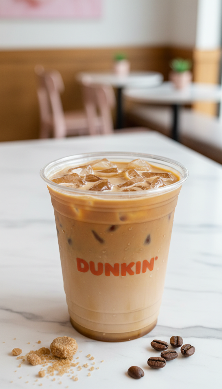 Dunkin' Toasted White Chocolate Iced Coffee, mocha brown in cup, with ice, brown sugar, and coffee beans on marble in bright coffee shop.